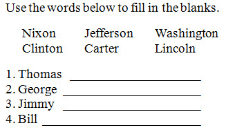 Directions are followed by three columns of answer choices precedes a numbered list; each numbered item is followed by a write-on-line