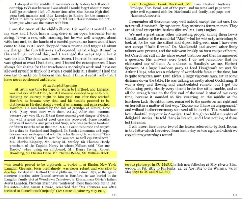 Two facing pages of a book, where a footnote continues across the bottom of both print pages 