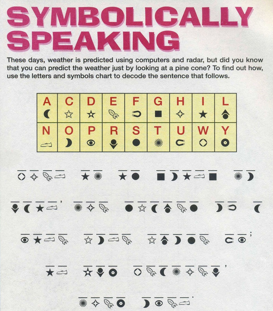 Coded puzzle; chart shows corresponding symbol for each letter; 
