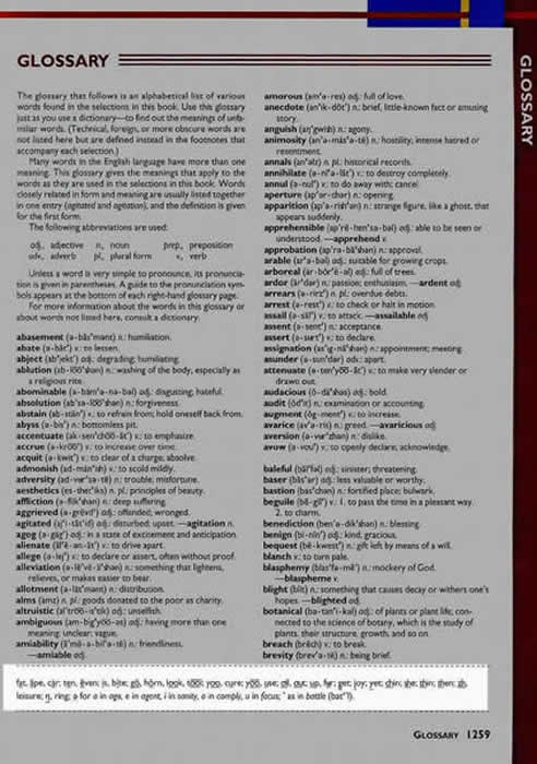 Pronunciation key at bottom of page in glossary (print only)