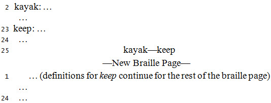 Sample of “kayak” on line 2 and “keep” on line 23, with kayak—keep shown on line 25; next braille page shows “definitions for keep continued for the rest of the braille page; only line 25 guide words are shown in braille 