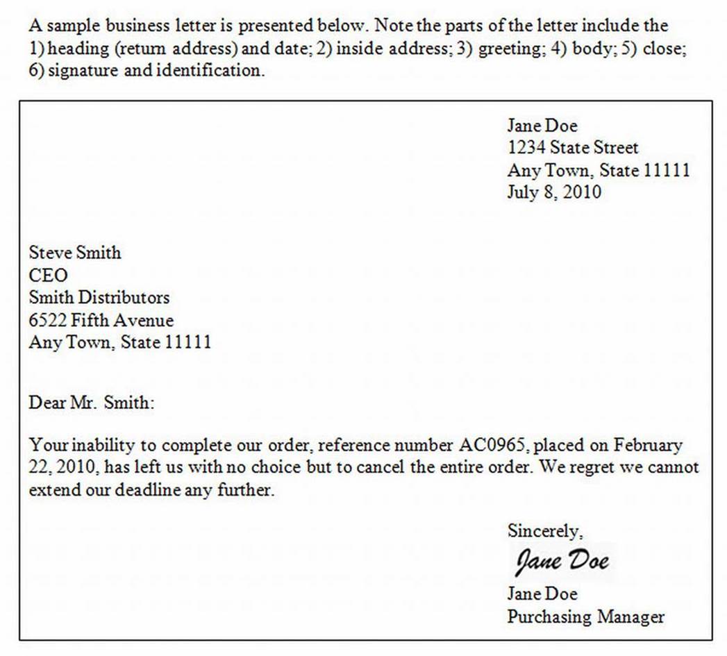 Sample business letter, with parts of the letter identified in the preceding paragraph