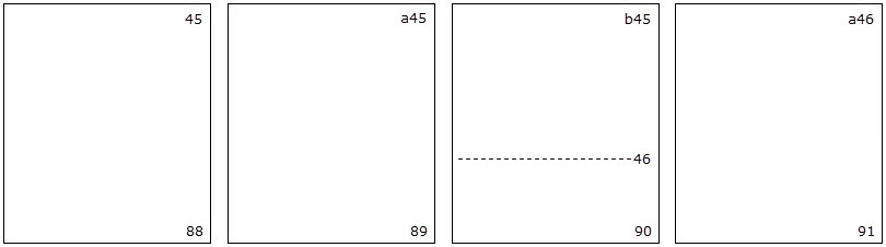 Four pages showing the progression of print page numbers (45, a45, b45), with the page change indicator before 46 on the third page, and the forth page is a46