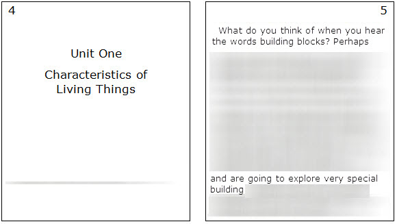 Sample of two facing pages, with Unit One and the title on page 4, and text on page 5