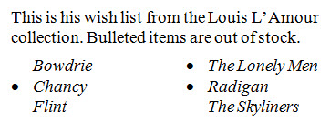 Two columned list with some items bulleted