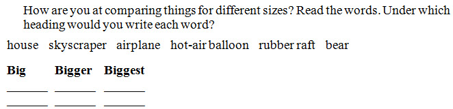 Displayed horizontal list of words and phrases, followed by three columns with write-on lines
