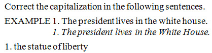 Directions are followed on the next line by uppercase EXAMPLE; 1. and an example sentence follows on the same line; a corrected italicized sentence is aligned below the example sentence; numbered sentences begin at the margin