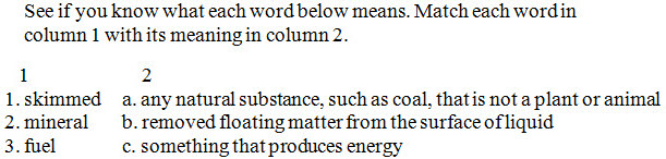 Directions followed by columns for matching; the first column has a heading of 1, and the items are numbered; the second column has a heading of 2, and the items are lettered