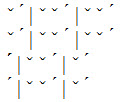 Diagram of four lines of stressed and unstressed symbols, and a vertical bar used to indicate meter