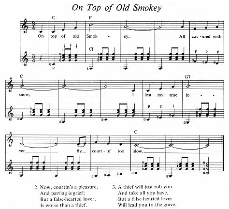Music for On Top of Old Smokey, showing the first verse written within the music, and the second and third verses below the music