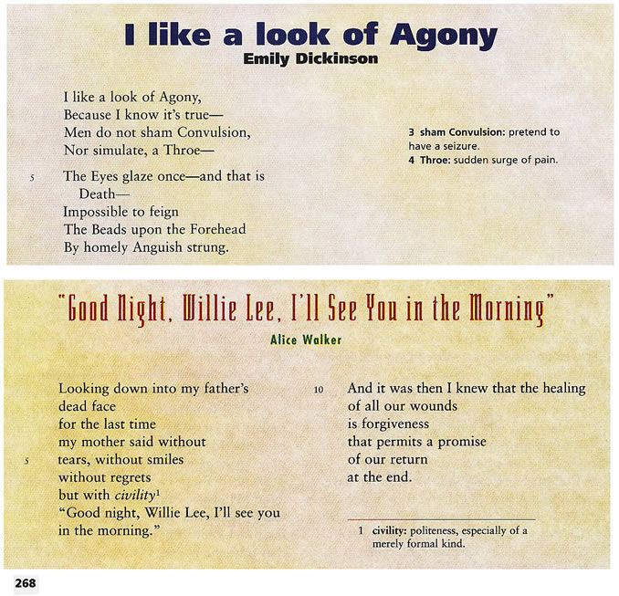 Two line-numbered poems on the same page, each with their own set of notes; first poem’s notes indicated by line numbers with notes at the right margin; second poem’s word is italicized and followed by a superscript 1, and bold in the note section