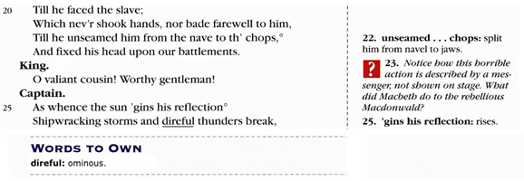 Every fifth line numbered in the left margin; line-numbered notes at the right margin for hollow dot notes, and the note for line 23 is preceded by a question mark; note at the end of the print page is preceded by the heading “Words to Own” and references underlined word