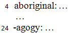Sample of “aboriginal” on line 4 and “-agogy” on line 24; only line 25 guide words are shown in braille 