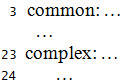 Sample of “common” on line 3 and “complex” on line 23; only line 25 guide words are shown in braille  
