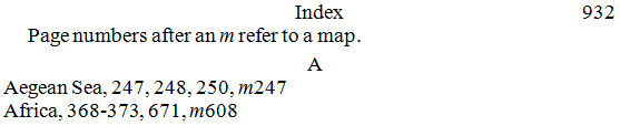 22-13_example	Paragraph at in index indicates italicized m refers to a map; italicized m appears at the beginning of some page numbers