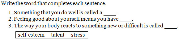 Directions followed by three numbered sentences; each sentence ends with a write-on-line; a boxed word list appears after the numbered sentences