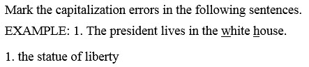 Directions followed on next line by uppercase EXAMPLE 1. Example sentence follows on same line. A numbered sentence begins at the margin on next line.