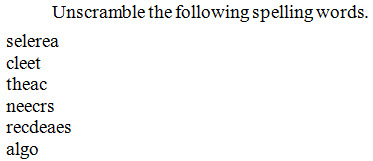 List of scrambled words in normal type