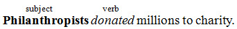 A sentence has a bold and an italicized word; "subject" appears above the bold word and "verb" appears above the italicized word