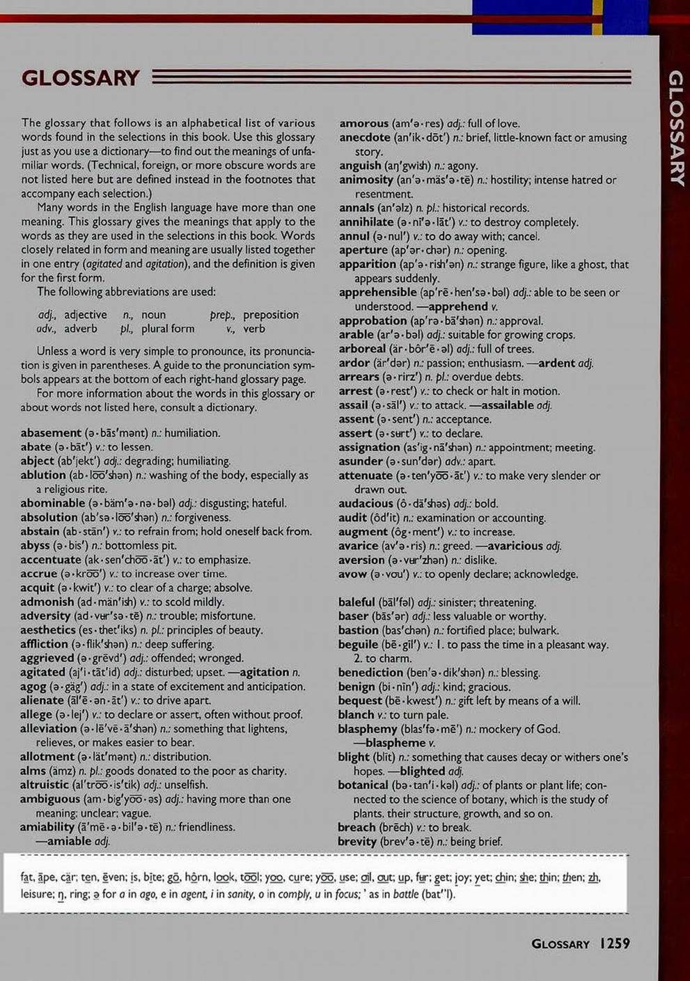 Pronunciation key at bottom of page in glossary (print only)