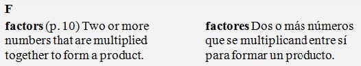 Glossary with English entry in the left column and corresponding Spanish entry in the right column