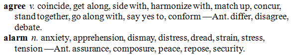 Entries in paragraphs; bold entries followed by italic part of speech (with period); lowercase definitions; dash precedes antonyms at end of paragraph