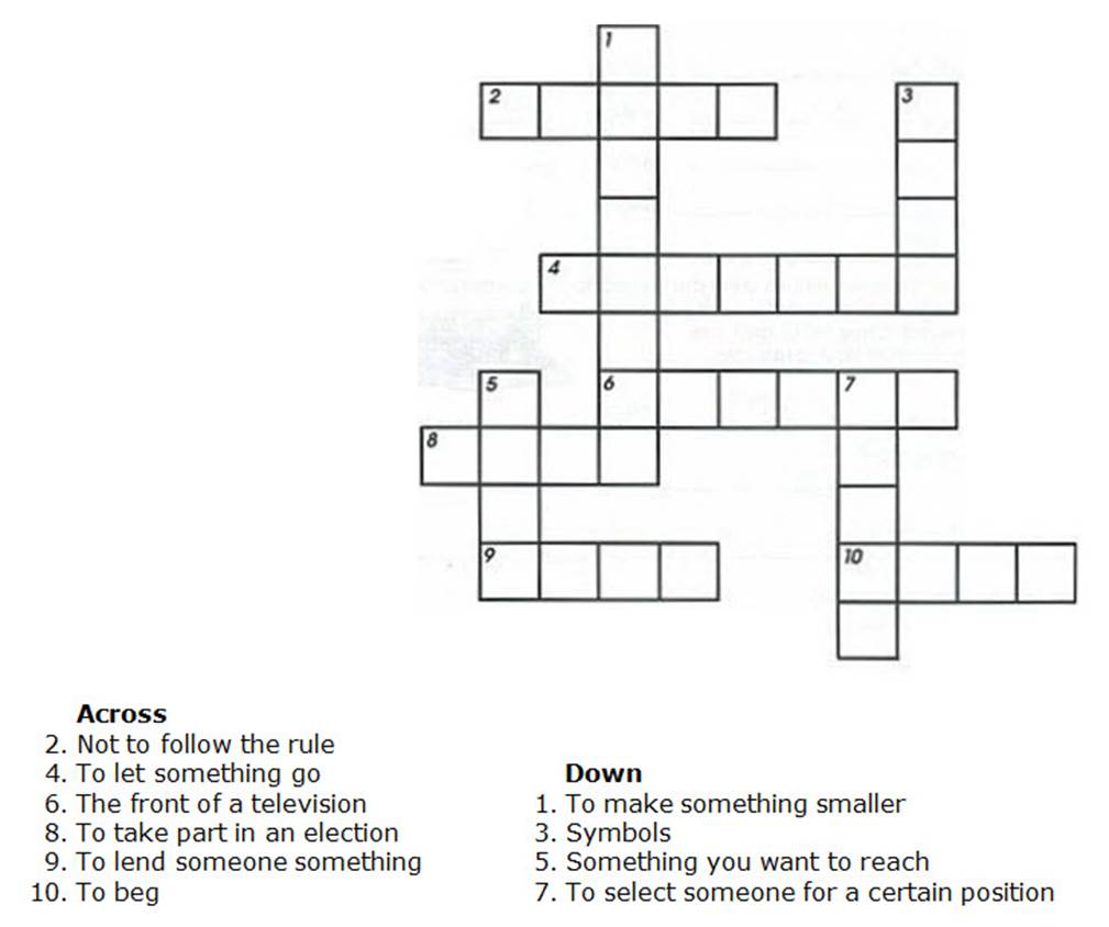 Crossword puzzle with Across and Down clues after the puzzle