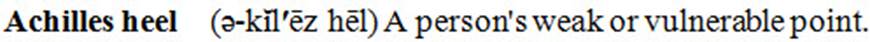 Achilles heel: Achilles capped, heel lowercase; followed by pronunciation enclosed in parens and definition starting with capped letter