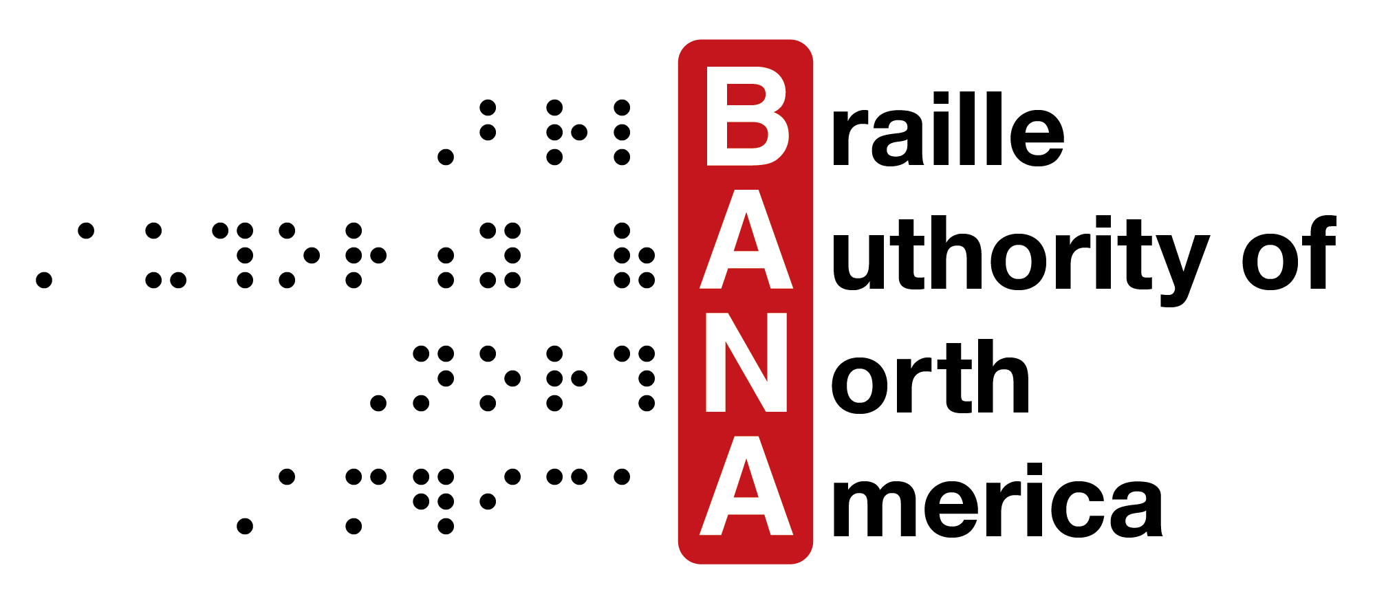 BANA logo with sim braille on left, horizontal BANA letters with red background, print letters on right